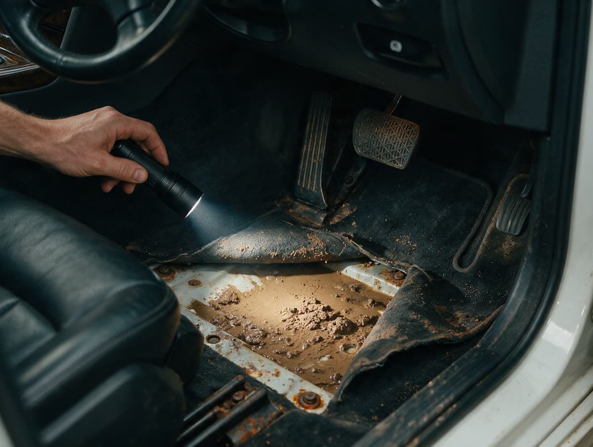 Dried mud silt and rusted seat rails under the pulled-back carpet of a white Mercedes