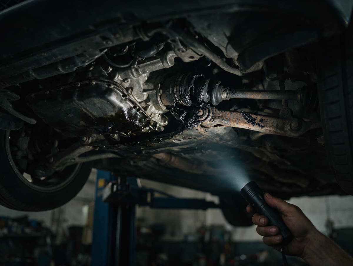 A torn CV boot flinging grease over a rusty suspension arm, under a BMW on a lift