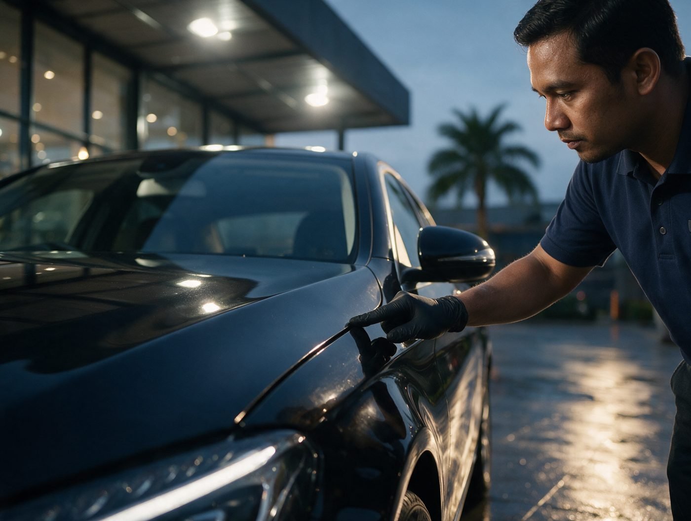 A gloved fingertip checks the gap between the bonnet and the front fender of a black Mercedes C-Class