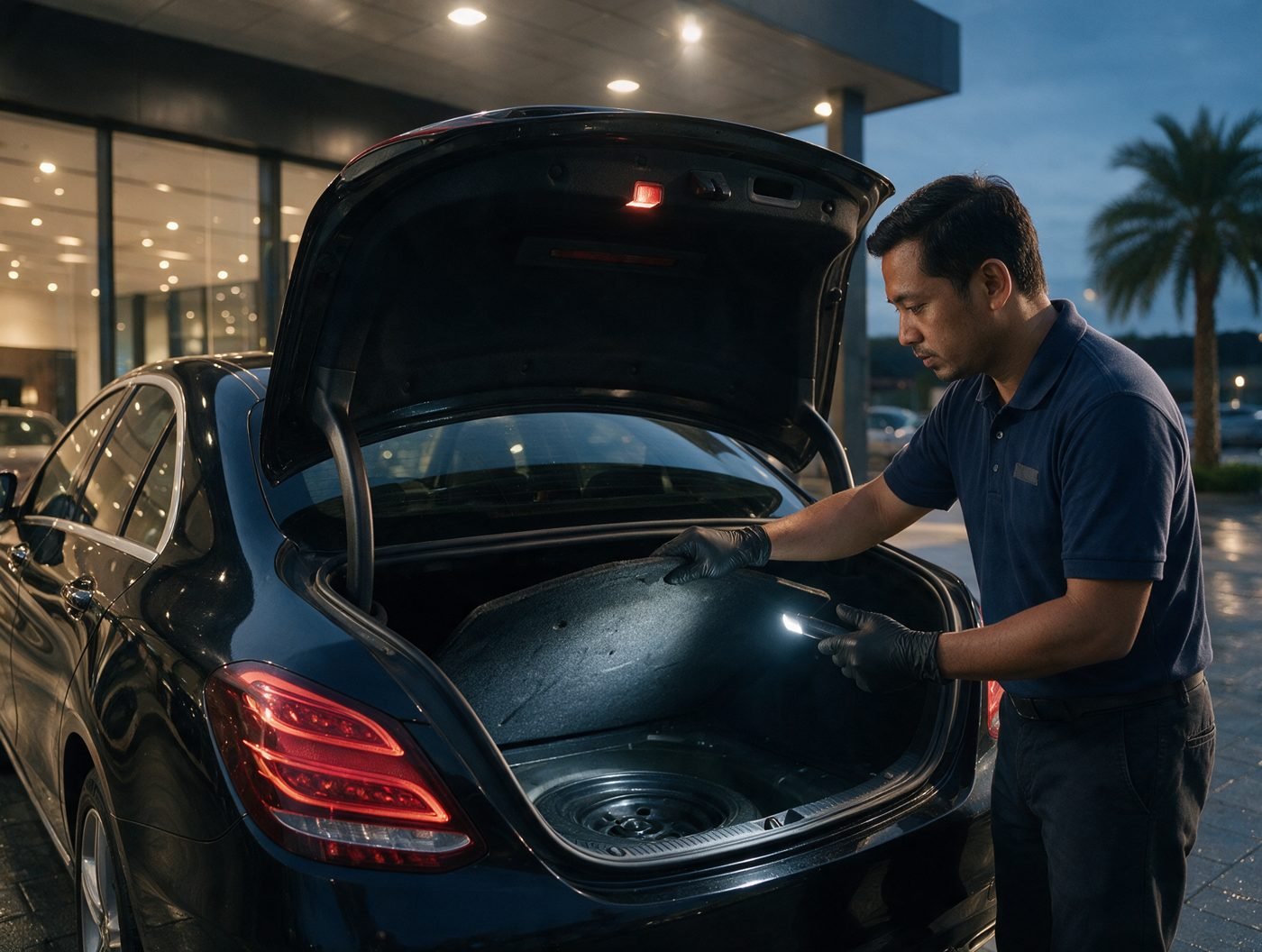 An inspector lifts the boot floor of a black Mercedes C-Class to check the spare wheel well